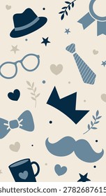 Decorative masculine pattern featuring classic vintage-inspired accessories such as a mustache, tie, glasses, hat, bow tie, crown, hearts, stars and botanical details. The soft beige, navy and muted blue color palette gives the design an elegant yet approachable look, suitable for wrapping paper, greeting cards, stationery, textile prints, scrapbook projects, packaging, social media backgrounds and decorative products. This design can be used for men’s gifts, dad-themed designs, birthday cards, Father’s Day creations or any visual project needing a soft, stylish and masculine background.
