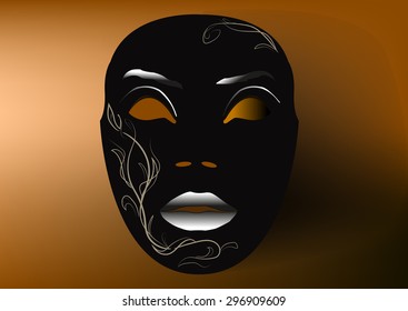 Decorative mask, black, with designs and bright lips
