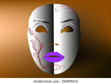 Decorative mask, steel-colored with patterns and bright lips