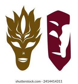 Dekorative Masken. Vektorskizze aus Polynesien, abstrakte Masken für Tätowierungen, Dekoration, Logo, Emblem, Karten, Banner, Druck, einzeln auf weißem Hintergrund.