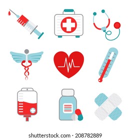 Decorative medical emergency first aid kit symbols pictograms collection with injection syringe abstract flat isolated vector illustration