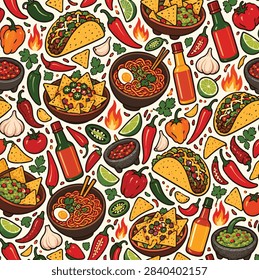 Decorative Mediterranean food pattern featuring fresh fruits, vegetables, bread, savory dishes, and traditional culinary elements in a colorful illustrated style.
