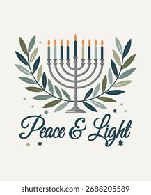 Una menorá decorativa enmarcada con ramas frondosas y las palabras paz y luz.