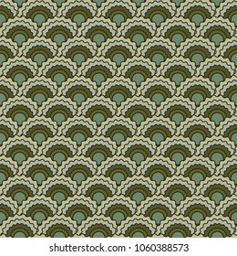 Decorative mermaid scales squama background, vector seamless fabric pattern, tiled textile print. Classic chinese squama scales seamless arc tiles structure. Reptile skin pattern.
