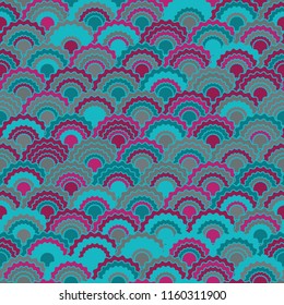 Decorative mermaid scales squama background, vector seamless fabric pattern, tiled textile print. Vintage chinese squama scales seamless arc tiles motif. Reptile skin pattern.