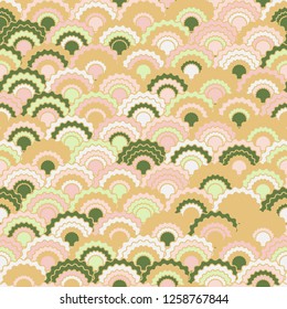 Decorative mermaid scales squama background, vector seamless fabric pattern, tiled textile print. Vintage japanese squama scales seamless arc tiles structure. Reptile animal skin pattern.