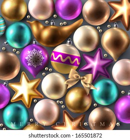 Decorative Merry and Bright Christmas background with  glass colored Christmas baubles, stars, bows and birds