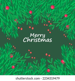 Decorative merry christmas background with tree branches frame and holly berries 