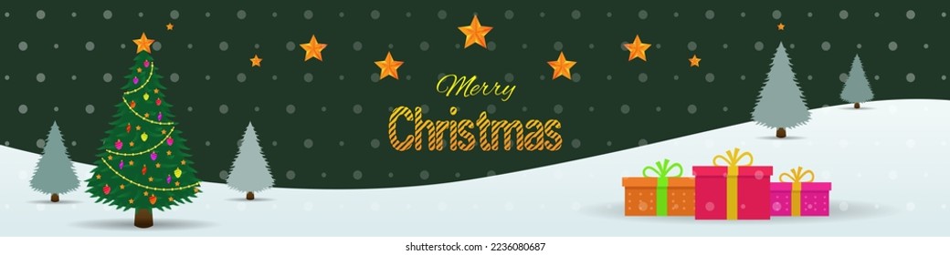 Decorative Merry Christmas banner with Christmas tree and gifts.