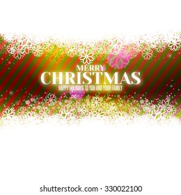 Decorative Merry Christmas green and red stripes background with snow and greetings. Vector holidays banner design. Xmas stripes with snow illustration. 