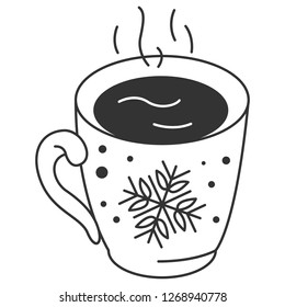 Decorative Merry Christmas mug with chocolate, coffee or tea. Traditional winter hot drink to warm. Beautiful elegant ornate cup with snowflake and dots. Transparent EPS vector, thin lines Nordic icon