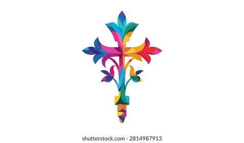 A decorative metal cross featuring intricate fleur de lis elements, painted with a vivid rainbow spectrum of colors isolated on white.