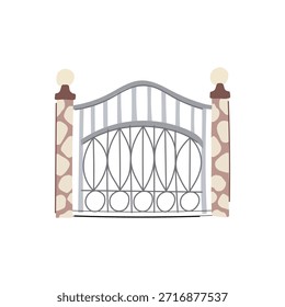 Decorative metal gate featuring an arched top and ornate scrollwork between two sturdy stone pillars with spherical caps, representing security and entrance