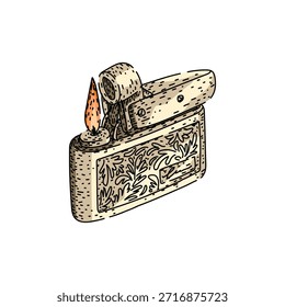 Objeto decorativo del encendedor del metal que crea una llama caliente, que representa el fuego, la ignición, y un accesorio clásico del estilo para fumar, acampar, o utilidad diaria