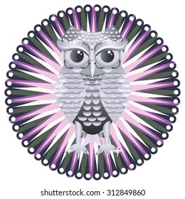 Decorative metal owl illustration, cute owl made of silver.