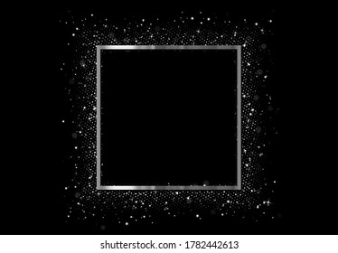 Decorative metal square frame silver color, along the borders a scattering of bright sparkles, and sparkling bokeh lights. vector illustration