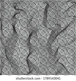 Decorative Metallic grid. Gray pattern with carved rounded shapes. 3d sample design. Abstract background for mobile