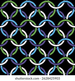 

Decorative metallic mesh composed of purple, blue, green, and white rings linked together on a black background. Colorful retro style. Seamless geometric pattern. Vector illustration.