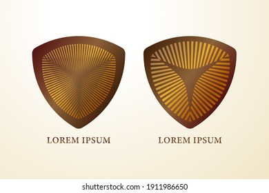 Decorative metallic millitary shield set with striped pattern. Stock vector illustration. Logo Design element. Brown and Dark Gold color theme.