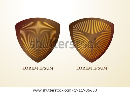 Decorative metallic millitary shield set with striped pattern. Stock vector illustration. Logo Design element. Brown and Dark Gold color theme.