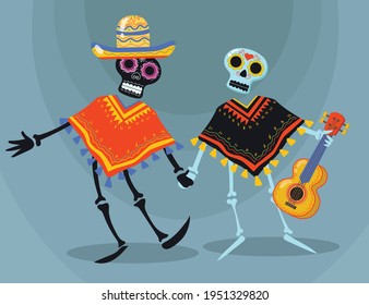 Decorative Mexican skeletons in poncho. Guitar, hat, holiday flat vector illustration. Day of dead festival and celebration concept for banner, website design or landing web page