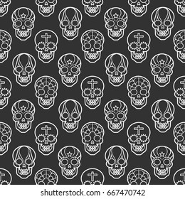 Decorative mexican skulls seamless pattern on black backdrop, vector illustration