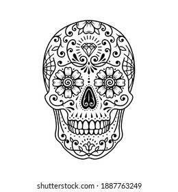 Calavera azucarera mexicana decorativa. Calavera pintada con estilo. Día de los Muertos. Arte de plantilla. Calavera pintada.