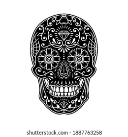 Decorative mexican sugar skull. Stylized painted skull. Day of the Dead. Stencil art. Stencil black skull. Painted skull.