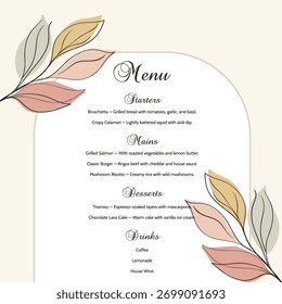 Decorative minimal menu design with hand drawn floral elements 