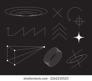 Decorative minimalistic brutalist forms. Future design shapes. Abstract geometric figures. Black background with white contemporary isolated art elements. Vector futuristic logo templates set