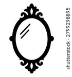 Decorative mirror black silhouette icon with oval frame, ornate scroll details and reflection lines, isolated on white background. Minimal bold vector-style illustration for home decor, interior design, sticker, decal, logo, label, and cutting file design.