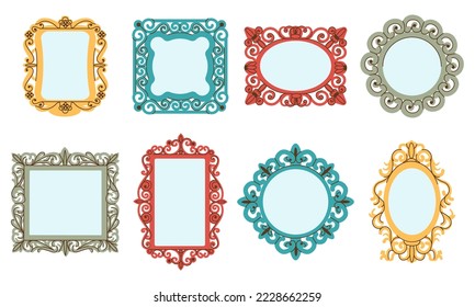 Decorative mirrors in vintage ornate royal frames. Wall mirror for interior design, colorful doodle reflection elements. Decent vector fashion vector set