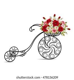 Decorative model of an old bicycle with a basket full of flowers. Vector illustration on white background.