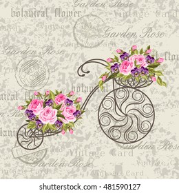 Modelo decorativo de una vieja bicicleta con una canasta llena de flores. Fondo postal antiguo. Ilustración vectorial.