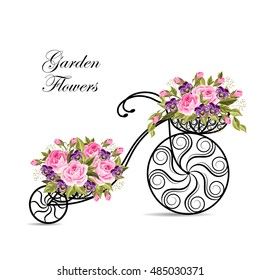 Decorative model of an old bicycle with a basket full of flowers. Vector illustration on white background.
