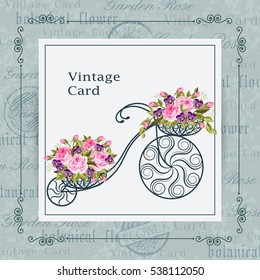 Decorative model of an old bicycle with a basket full of flowers. Vintage postcard background. Vector illustration.