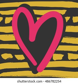 Decorative modern card. Typography poster with black and pink heart shape on yellow striped background. Stylish colorful design element for wedding, valentines day, save the date or romantic design