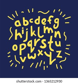 Decorative modern creative English alphabet. Creative cartoon funny kids font. Set of cute hand drawn letters. ABC for your design. Unique design. Vector Illustration.