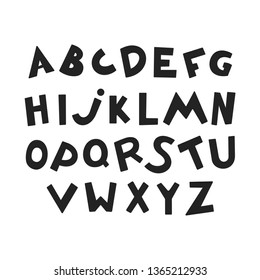Decorative modern creative English alphabet. Creative cartoon funny kids font. Set of cute hand drawn letters. ABC for your design. Unique design. Vector Illustration.