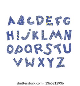 Decorative modern creative English alphabet. Creative cartoon funny kids font. Scandinavian style. Set of cute hand drawn letters. ABC for your design. Unique design. Vector Illustration.