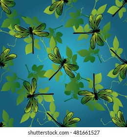 Decorative modern floral bright blue vector seamless pattern background wallpaper illustration with decorative green  leaves, ornaments. and pretty dragonflies. Stylish decor. Endless elegant texture