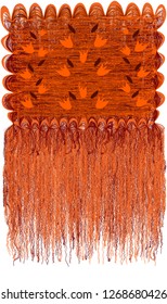 Decorative modern grunge striped and wavy tapestry with floral pattern with abstract bells and long fringe in orange,brown colors isolated on white