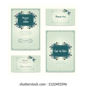 Decorative modern Wedding vector flower  invitation, thank you, rsvp card watercolor design set: garden white and blue floral, green leaves, golden frame and blue background.