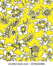 Decorative modern yellow background with stylized white flowers and leaves. Bright vector illustration. Design for fabric, wallpaper, cards, interior or wrapping paper.
