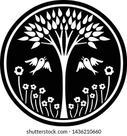 Decorative monochrome circle symbol in Aestheticism style. Tree, birds, flowers