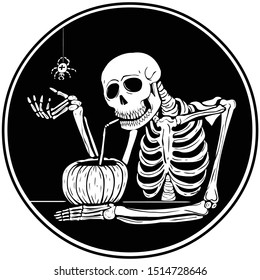 Decorative monochrome circle symbol in Aestheticism style. Skeleton in a bar on Halloween drinking pumpkin juice.