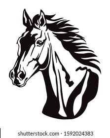 Decorative monochrome contour portrait of beautiful horse with long mane looking in profile, vector illustration in black color isolated on white background. Image for logo, design and tattoo. 