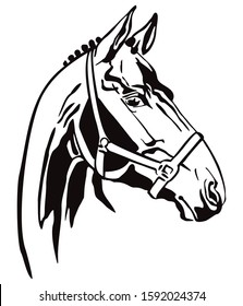 Decorative monochrome contour portrait of racehorse in bridle looking in profile, vector illustration in black color isolated on white background. Image for logo, design and tattoo. 