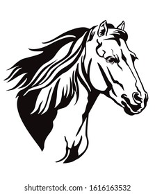 Decorative monochrome contour portrait of running horse with long mane looking in profile, vector illustration in black color isolated on white background. Image for logo, design and tattoo. 