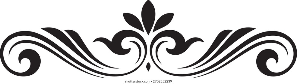 Un elemento decorativo, monocromo florecer diseñado en un formato Horizontal. Con líneas elegantes y arremolinadas e intrincados scrollwork